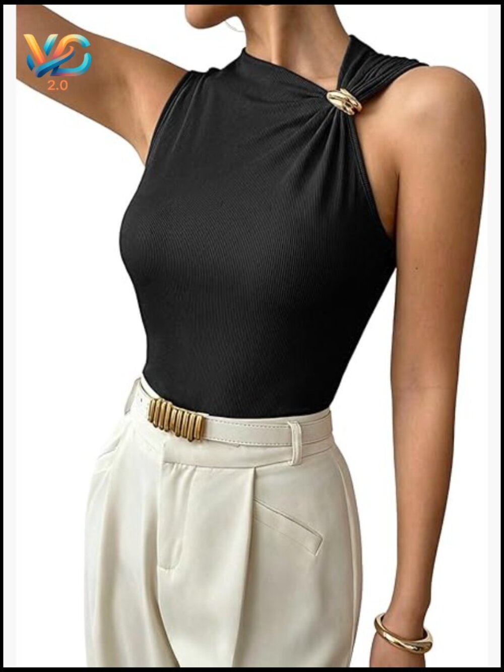 Asymmetric Neck Tank Top Slim Fit Ribbed Knit Sleeveless Basic Vest Y2K Chic